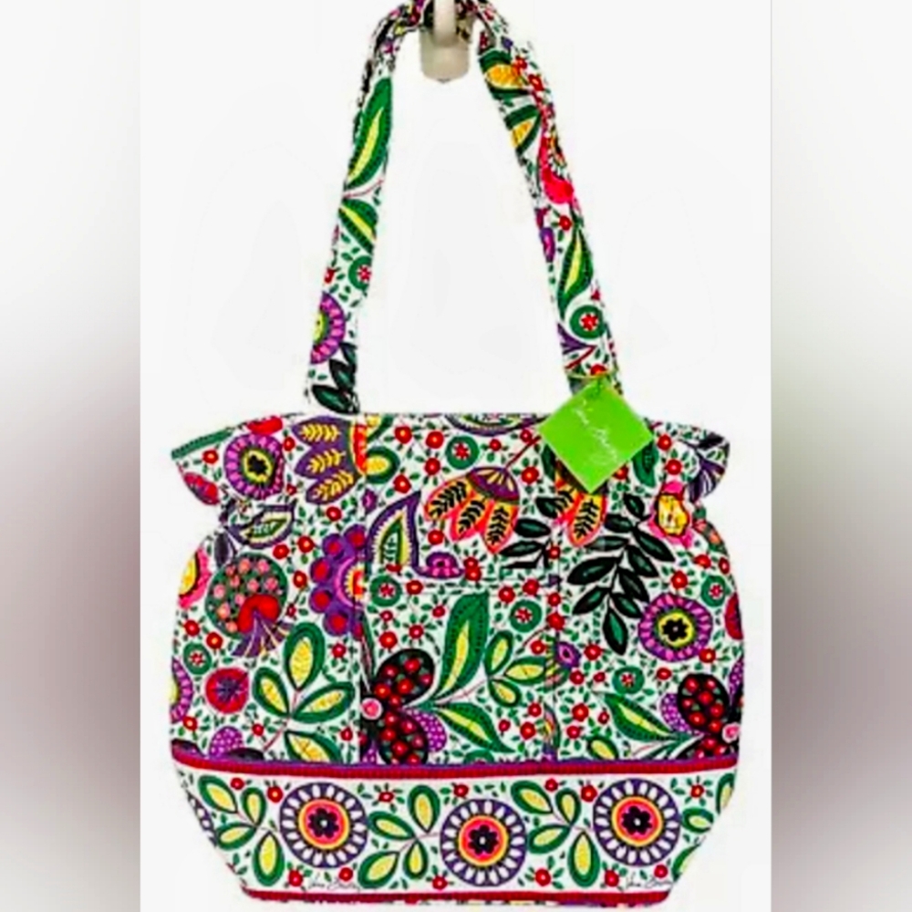 Floral Multicolor Tote Bag with Green Accent